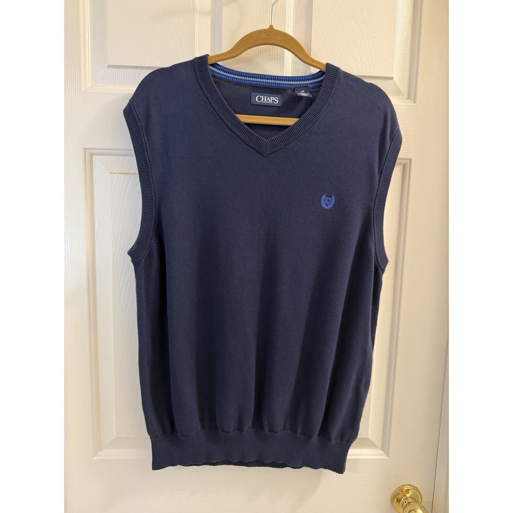 Chaps Men's Blue Cotton Knit V-Neck Sweater Vest Sleeveless L Regular